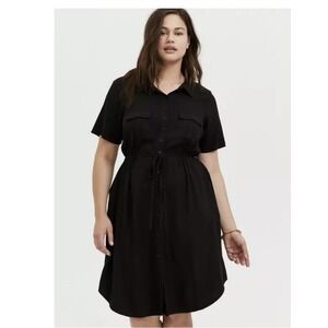 Torrid Black Twill Drawstring Button Up Short Serve Shirt Dress Size 1X Pockets